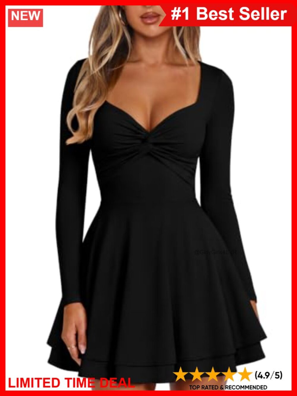 Square Neck Long Sleeve Twist Front A-Line Mini Dress